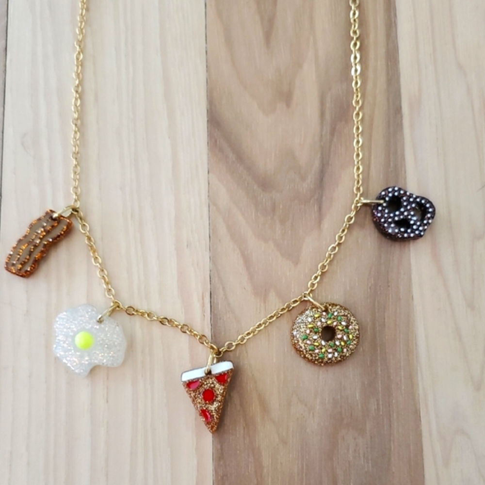 CREWCUTS Food Charm Gold Necklace DONUT PRETZEL PIZZA